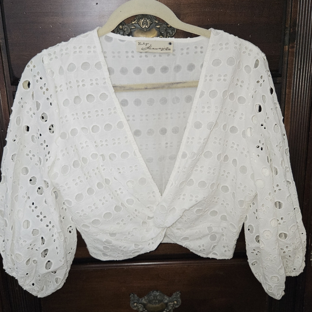 Vintage Havana White Puff Sleeve Cropped Blouse